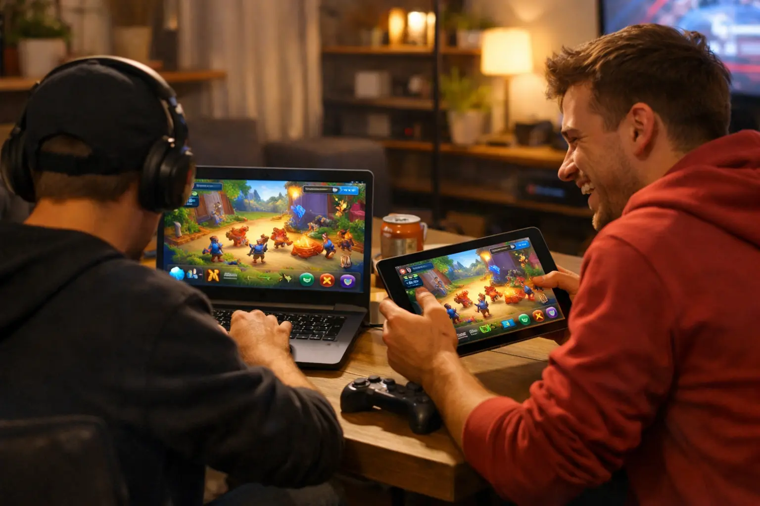 Друзья играют в браузерные игры вместе на двух устройствах в режиме кооператива