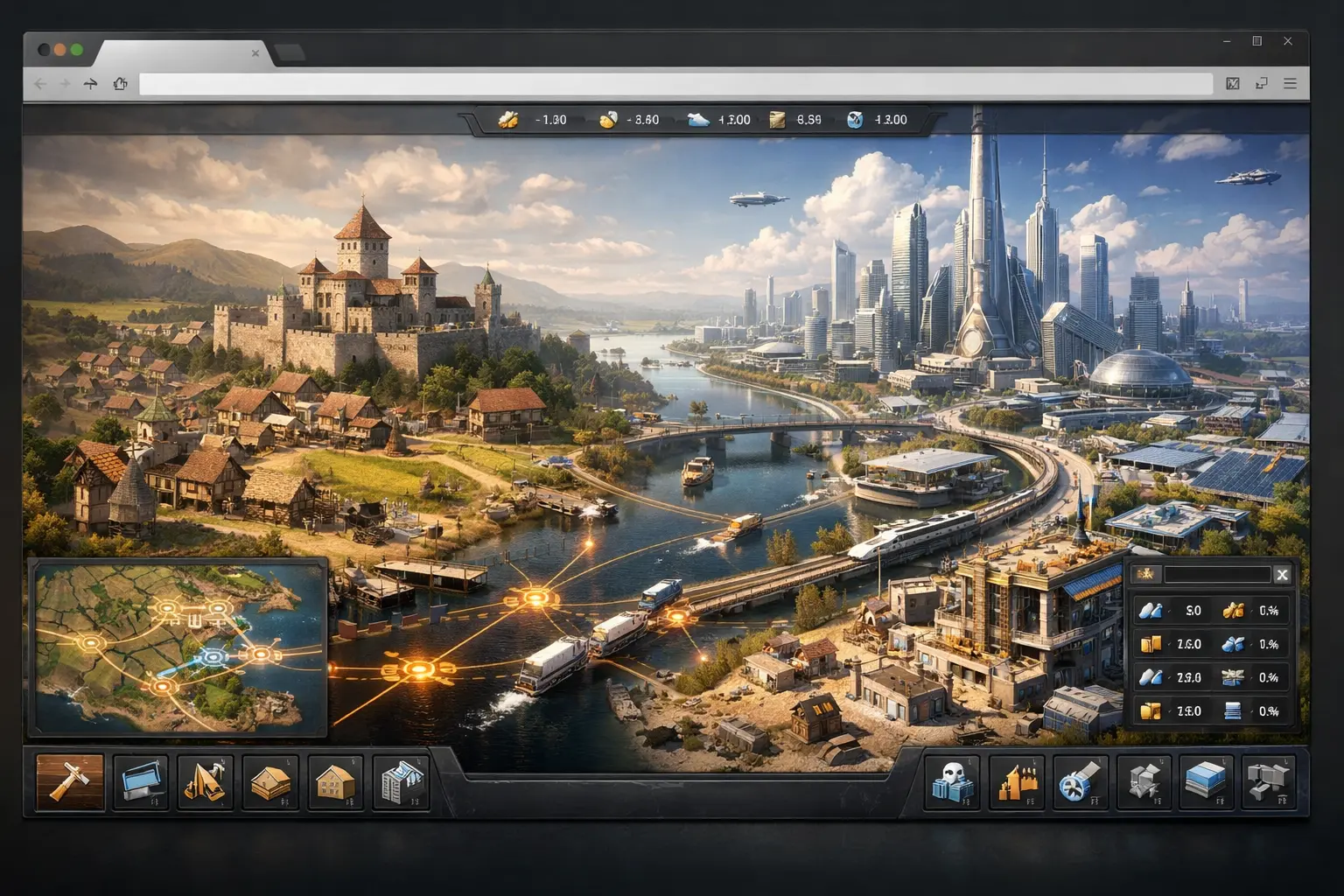 Браузерная стратегия с развитием города, картой и тактическим интерфейсом на экране